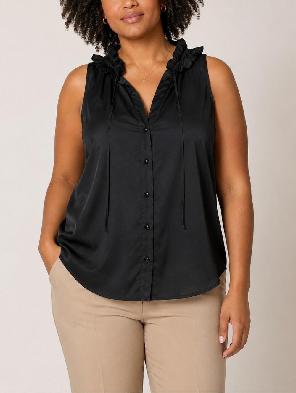 Tristan Black Silk Cotton Ruffle Tie Neck Sleeveless Blouse XL